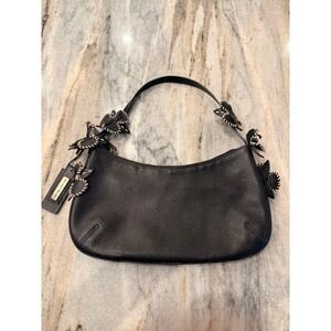 Antonio Melani Black Leather Shoulder Hand Bag Purse With Stitched Flowers